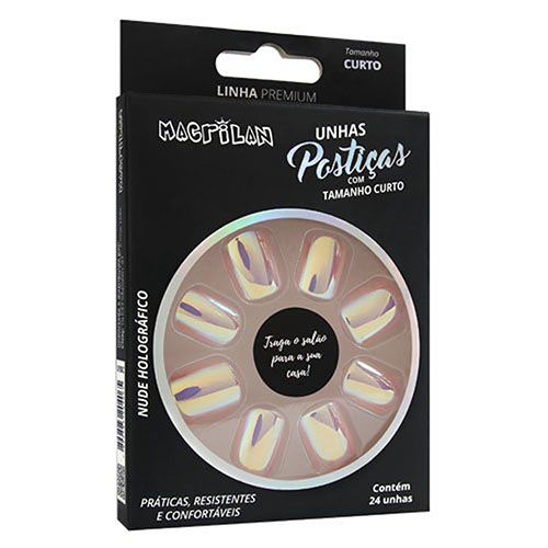 Unhas Postiças Macrilan Linha Premium Curto Nude Holográfico UP203C