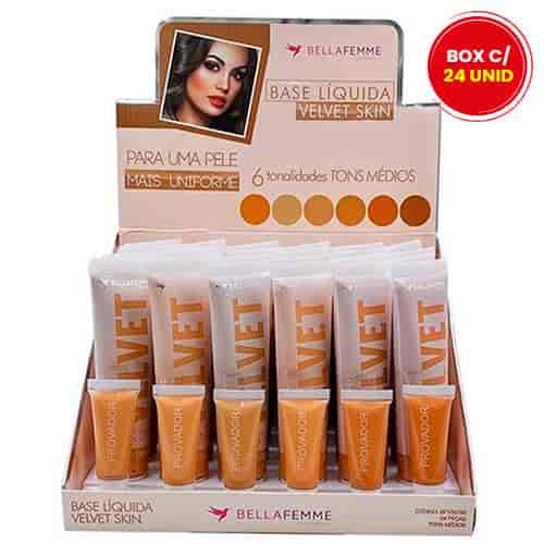 Base Líquida Velvet Skin Tons Médios Bella Femme BF10078B - Box c/ 24 unid