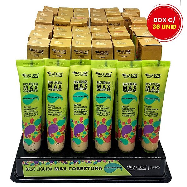 Base Líquida Max Cobertura Cores Claras 500 a 505 Max Love - Box c/ 36 unid