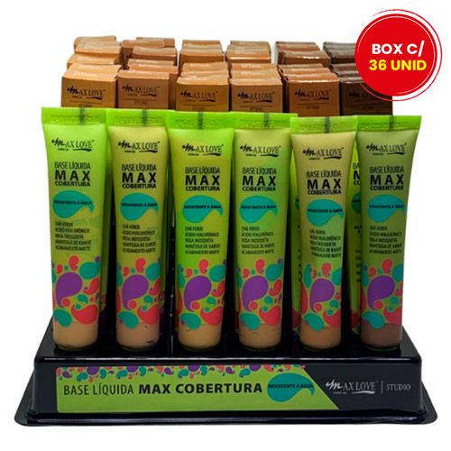 Base Líquida Max Cobertura Cores Médias e Escuras 506 a 511 Max Love - Box c/ 36 unid