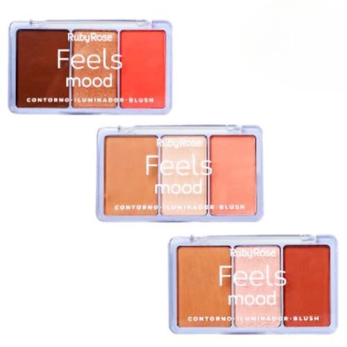 Paleta de Contorno, Iluminador e Blush Feels Mood Ruby Rose HB-7526 - Kit c/ 03 unid