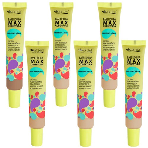 Base Líquida Max Cobertura Cores Médias e Escuras 501 a 511 Max Love - Kit c/ 06 unid