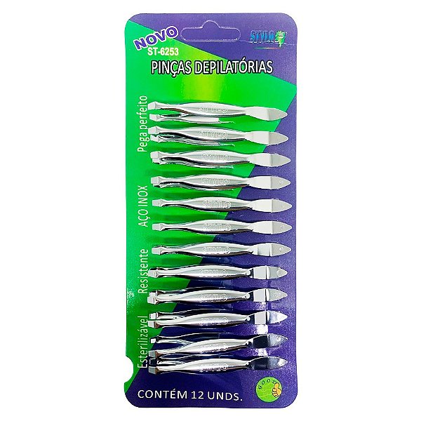 Pinças Depilatórias Stylo ST-6253 - Cartela c/ 12 unid