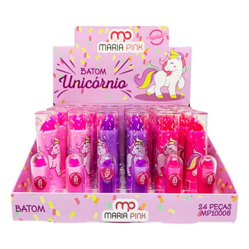 Batom Bastão Unicórnio Infantil Maria Pink MP10006 - Box c/ 24 unid