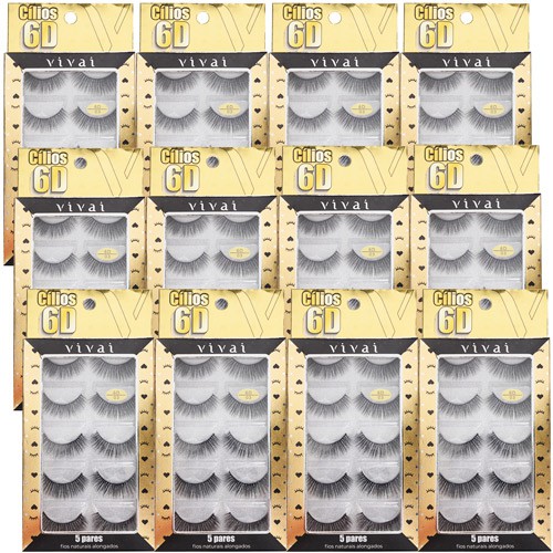 Cílios Postiços com 05 Pares Fios Naturais Alongados 6D 03 Vivai 4018.1.1 - Box c/ 12 unid
