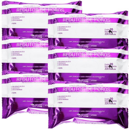Lenço Umedecido de Limpeza Facial Redutor de Poros Max Love - Kit c/ 06 unid