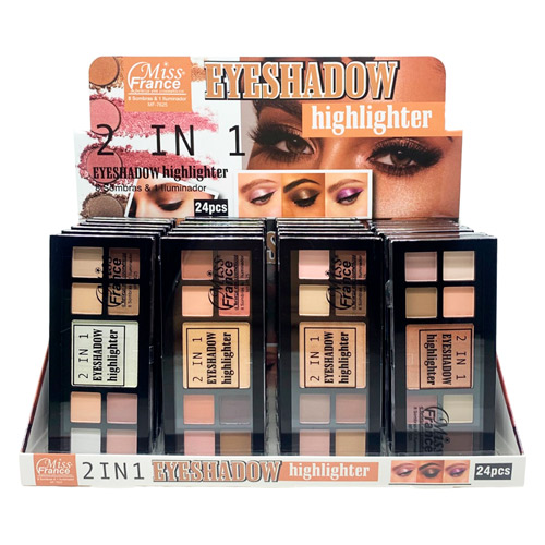 Paleta de Sombras e Iluminador 2 em 1 Miss France MF-7625 - Box c/ 24 unid