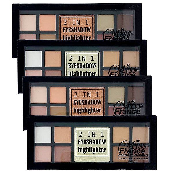 Paleta de Sombras e Iluminador 2 em 1 Miss France MF-7625 - Kit c/ 04 unid