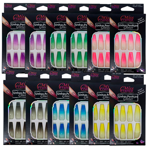 Unhas Postiças Glitter Miss France MF-0557 - Pcte c/ 12 unid