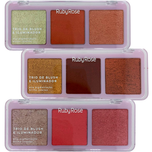 Trio de Blush e Iluminador Ruby Rose HB-583-1 - Kit c/ 03 unid