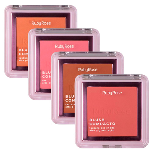 Blush Compacto Acetinado Ruby Rose HB-861 - Kit c/ 04 unid