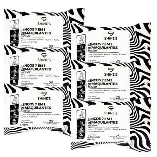 Lenço Demaquilante 7 em 1 Micelar Shine's SH4005-01 - Kit c/ 06 unid