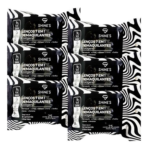 Lenço Demaquilante 7 em 1 Colageno Shine's SH4006-01 - Kit c/ 06 unid