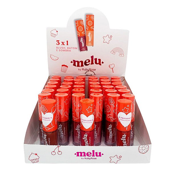 Blush, Batom e Sombra 3x1 Grupo 01 Melu Ruby Rose RR-1100-G1 - Box c/ 36 unid