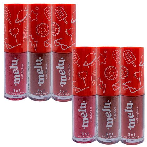 Blush, Batom e Sombra 3x1 Grupo 01 Melu Ruby Rose RR-1100-G1 - Kit c/ 06 unid