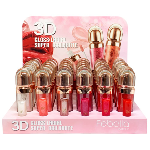 Gloss Labial 3D Super Brilhante Febella LG40514 - Box c/ 36 unid