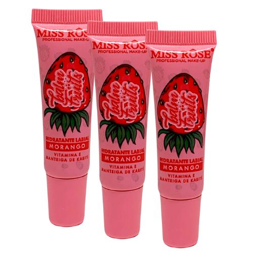 Hidratante Labial com Glitter Morango Balm Fruits Miss Rôse MR054/C - Kit c/ 03 unid