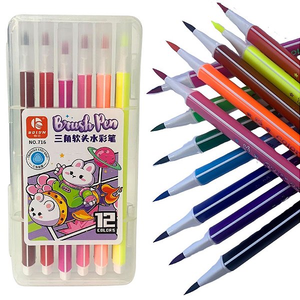 Kit 12 Canetas Brush Pen Coloridas - Ponta Pincel - Lettering e Desenhos - 716-12