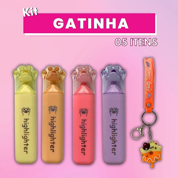 Kit Gatinha Chaveiro + Marca Texto - 05 Itens