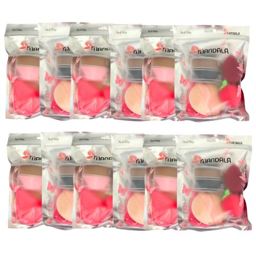 Kit com 04 esponjas para Maquiagem e 01 Pincel para Base Mandala ME019 - Pcte c/ 12 unid