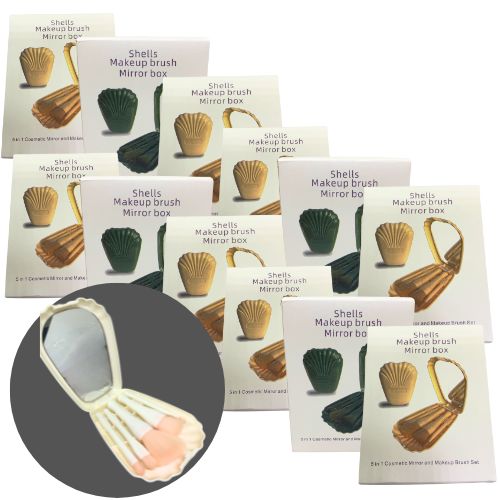 Kit com 05 Pincéis para Maquiagem com Espelho Concha - Pcte c/ 12 unid