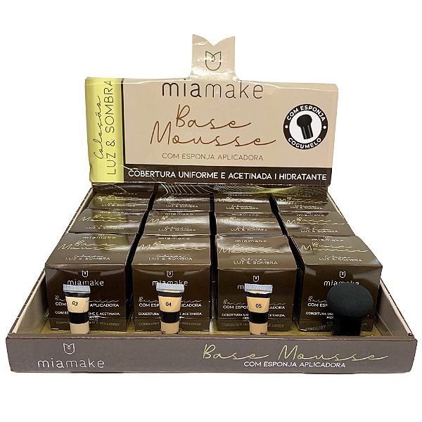 Base Mousse com Esponja Aplicadora Cores Médias Mia Make 535 - Box c/ 12 unid