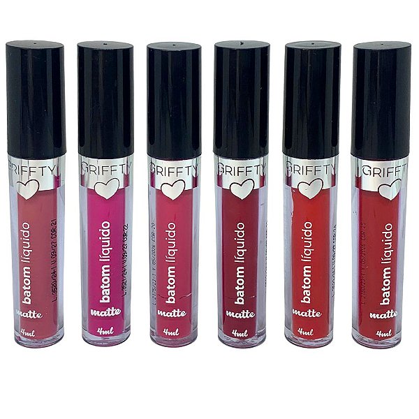 Batom Líquido Matte 24 horas Griffty Makeup - Kit c/ 06 unid