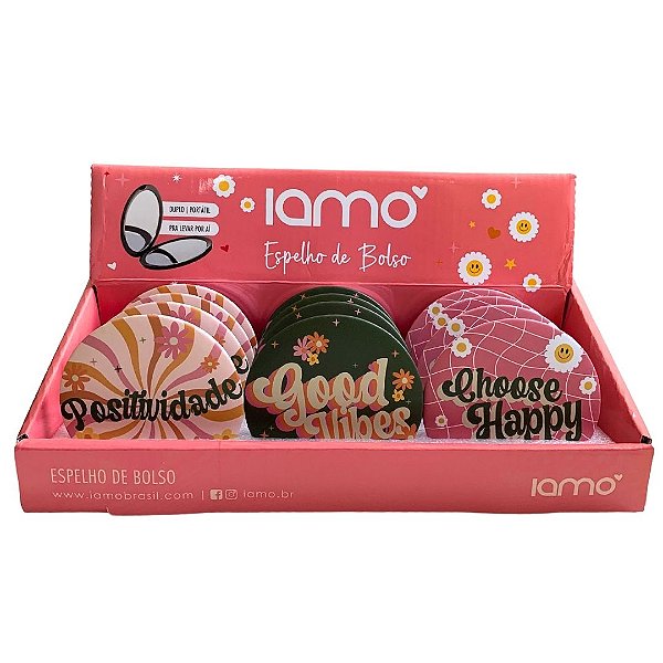 Espelho Portátil de Bolso Estampado Redondo Iamo YS43724 - Box c/ 12 unid