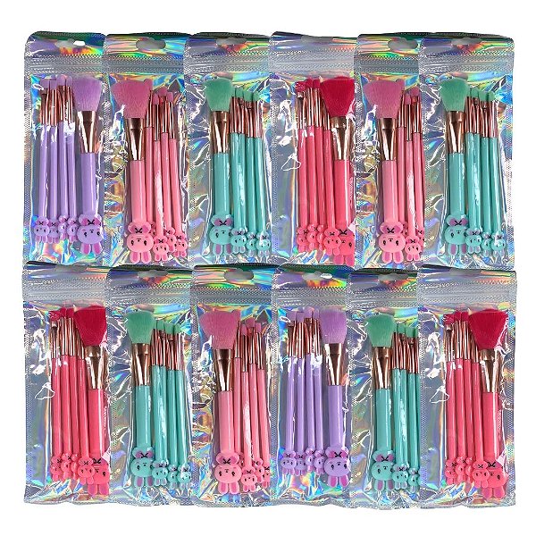 Kit com 05 Pincéis para Maquiagem Coelho - Pcte c/ 12 unid