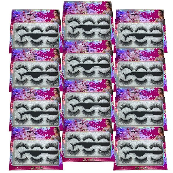 Cílios Postiços 6D F004 com 03 pares + Pinça Sabrina Sato SP3087 - Pcte c/ 12 unid