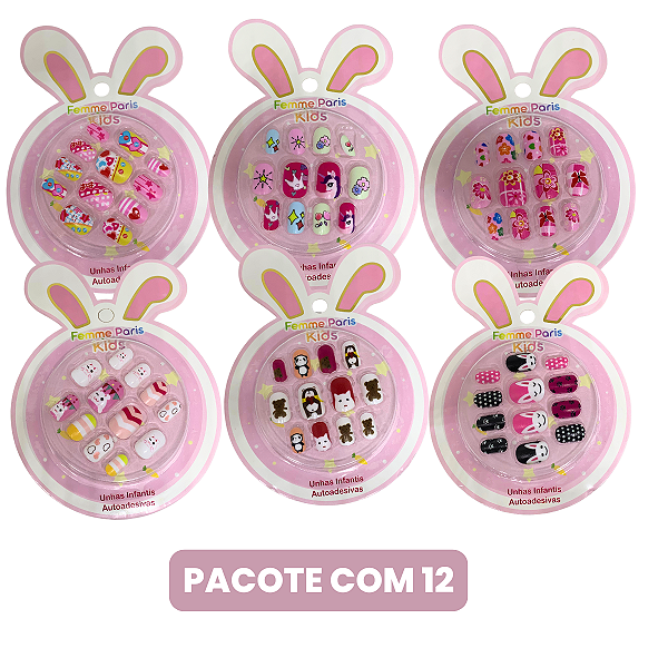 Unhas Postiças Infantil Femme Paris Kids FM009 - Pcte c/ 12 unid