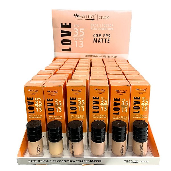 Base Líquida Alta Cobertura Love FPS 35 Matte Cor 50 ao 55 Max Love - Box c/ 42 unid