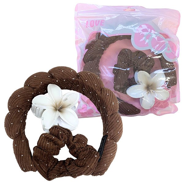 Kit Tiara Nuvem + Presilha Flor + Xuxinha de Cabelo para Skin Care MM5605