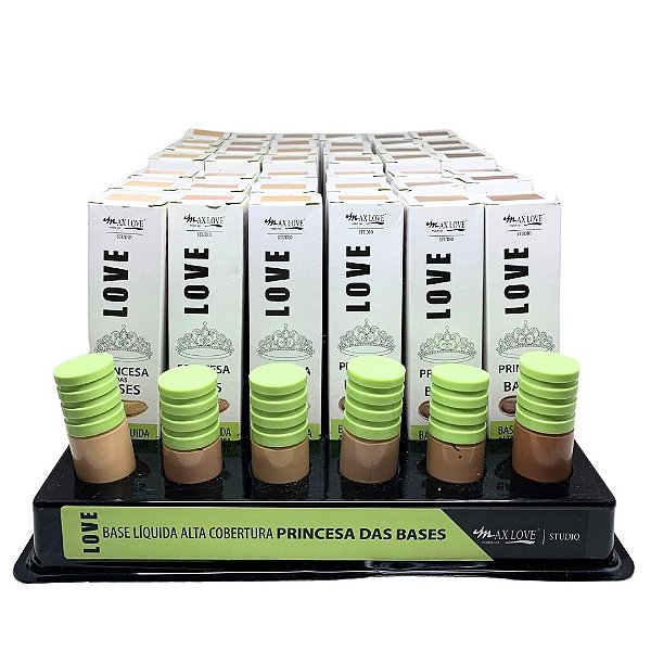 Base Líquida Alta Cobertura Princesa das Bases Cor 206 ao 211 Max Love - Box c/ 42 unid