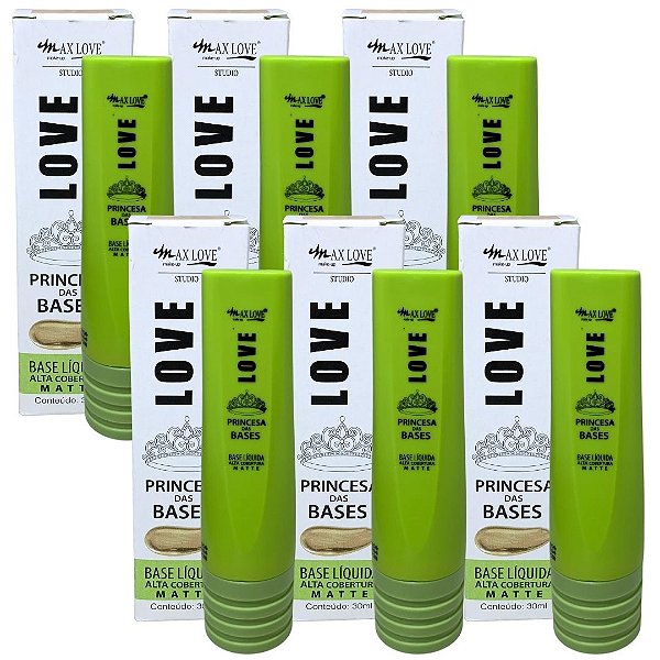 Base Líquida Alta Cobertura Princesa das Bases Cor 206 ao 211 Max Love - Kit c/ 06 unid