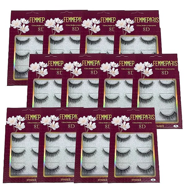 Cílios Postiços 8D F004 com 03 Pares Femme Paris FM1022 - Box c/ 12 unid