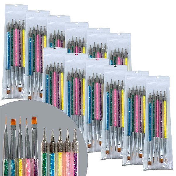 Kit com 05 Pincel Duplo para Decoração de Unha MM5619 - Pcte c/ 12 unid