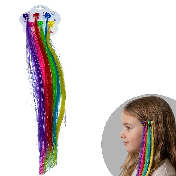 Cartela com 06 unidades de Mechas Coloridas de Cabelo com Mini Presilha