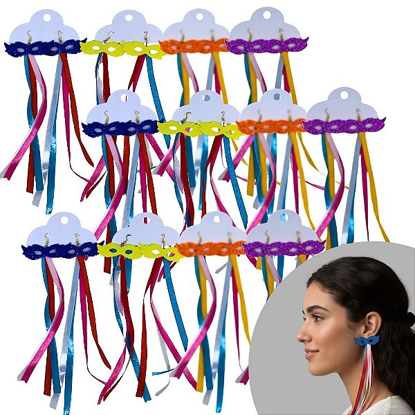 Brinco Mini Máscara e Fitas Colorida para Carnaval - Pcte c/ 12 unid