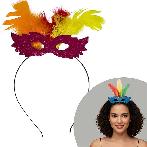 Tiara de Carnaval com Penas Coloridas e Máscara com Glitter