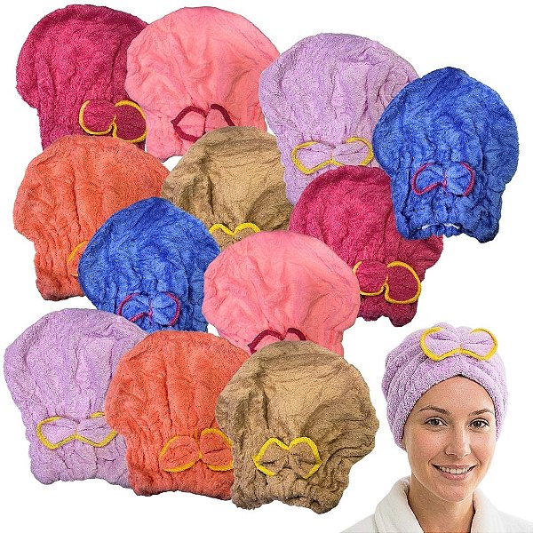 Touca Toalha para Secar o Cabelo - Pcte c/ 12 unid