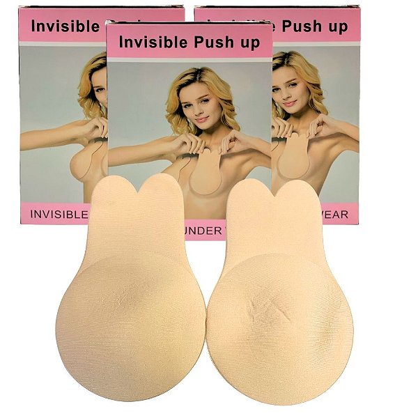 Sutiã Adesivo Invisible Push Up Orelha De Coelho Levanta Seios Nude Tam Pequeno - Kit c/ 03 unid