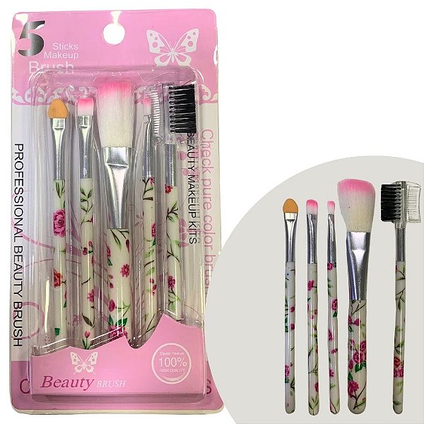 Kit com 05 Pincéis para Maquiagem Estampado Beauty Brush