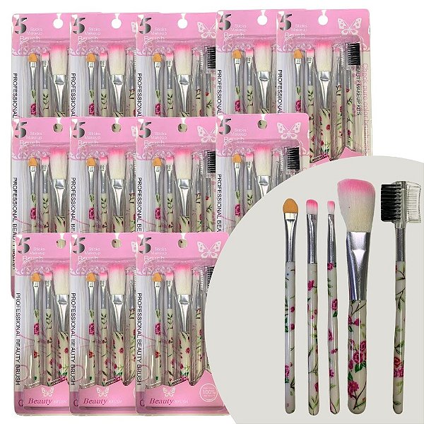 Kit com 05 Pincéis para Maquiagem Estampado Beauty Brush - Pcte c/ 12 unid