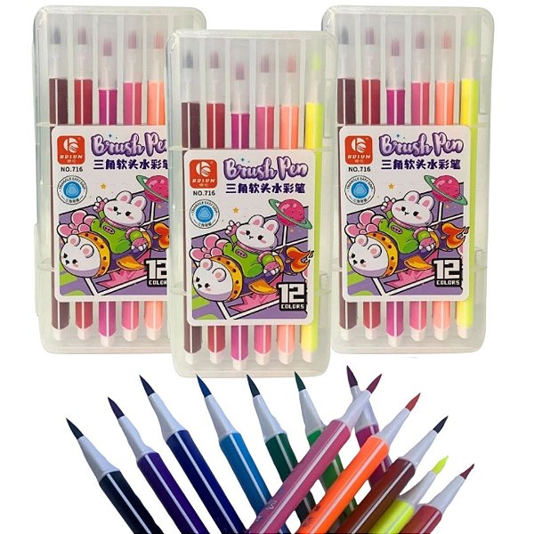 Kit 12 Canetas Brush Pen Coloridas - Ponta Pincel - Lettering e Desenhos - 716-12 - Kit c/ 03 unid