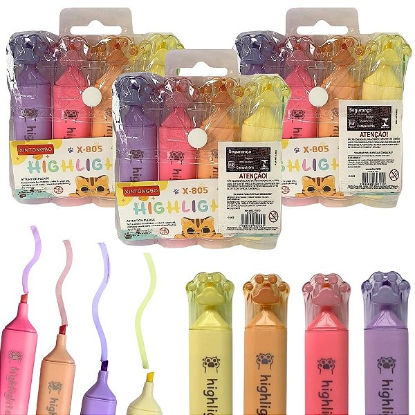 Caneta Marca Texto Gatinha Fofa - Kit com 4 Unidades Coloridas X-805 - Kit c/ 03 unid