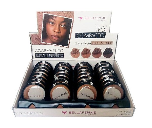Pó Compacto Bella Femme c/ Provador Tons Escuros BF10006C - Box c/ 32 unid