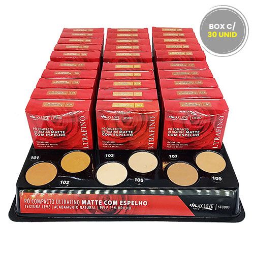 Pó Compacto Matte Ultrafino com Espelho Tons Médios e Escuros 101 ao 109 Max Love - Box c/ 30 unid