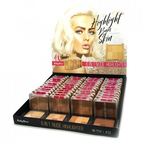 Pó Iluminador Highlight Bare Skin 6 em1 Ruby Rose HB-7214 - Box c/ 48 unid