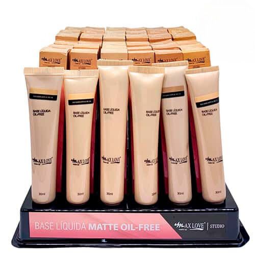 Base Líquida Matte Oil-Free Max Love Cores Claras 100 ao 111 – Box c/ 36 unid